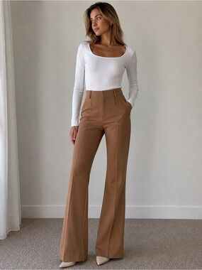 Zara Wide-Leg High-Rise Pants in Camel Brown